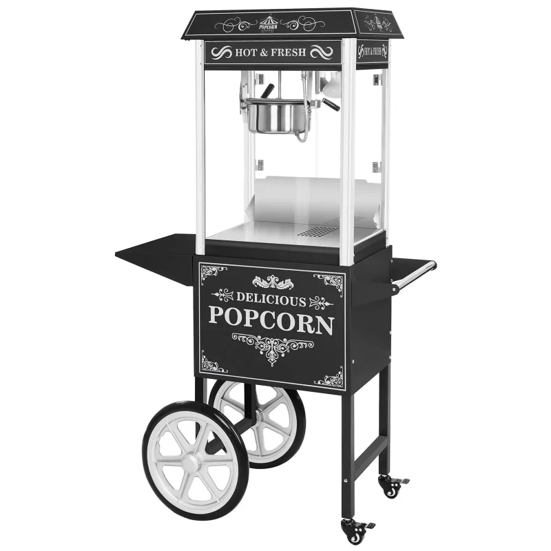 Popcornmaskine med vogn 88 L - 1600 W - retrodesign - sort - 94 x 51 x 155 cm