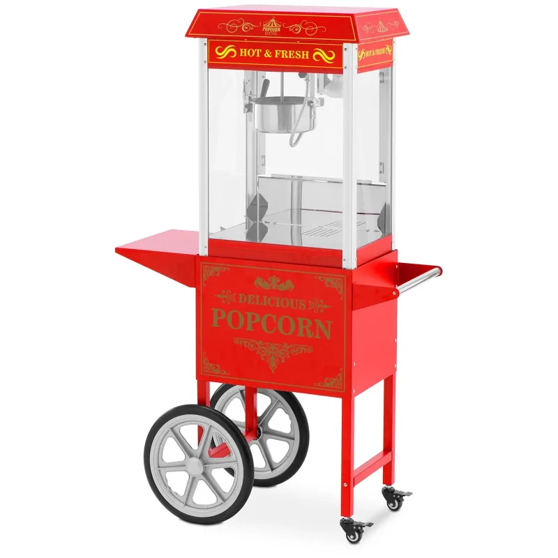 Popcornmaskine med vogn 88 L - 1600 W - retrodesign - rød - 92 x 48 x 155 cm